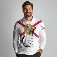 Flag Florida Fishing Long Sleeve Polo Shirt Fish Hook Rip Detail and Custom Name Red Accent Design - Wonder Print Shop