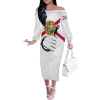 Flag Florida Fishing Off The Shoulder Long Sleeve Dress Fish Hook Rip Detail and Custom Name Red Accent Design - Wonder Print Shop