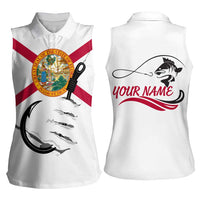 Flag Florida Fishing Women Sleeveless Polo Shirt Fish Hook Rip Detail and Custom Name Red Accent Design - Wonder Print Shop