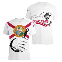 Flag Florida Fishing Women V-Neck T-Shirt Fish Hook Rip Detail and Custom Name Red Accent Design - Wonder Print Shop