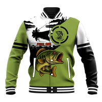 Largemouth Bass Fishing Baseball Jacket Fish On Text and Boat Scene in Green and Black Custom Design - Wonder Print Shop