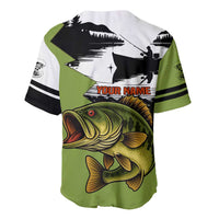 Largemouth Bass Fishing Baseball Jersey Fish On Text and Boat Scene in Green and Black Custom Design - Wonder Print Shop
