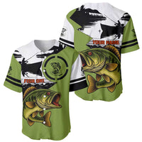 Largemouth Bass Fishing Baseball Jersey Fish On Text and Boat Scene in Green and Black Custom Design - Wonder Print Shop