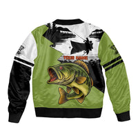 Largemouth Bass Fishing Bomber Jacket Fish On Text and Boat Scene in Green and Black Custom Design - Wonder Print Shop