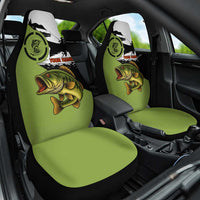 Largemouth Bass Fishing Car Seat Cover Fish On Text and Boat Scene in Green and Black Custom Design - Wonder Print Shop
