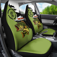 Largemouth Bass Fishing Car Seat Cover Fish On Text and Boat Scene in Green and Black Custom Design - Wonder Print Shop