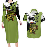 Largemouth Bass Fishing Couples Matching Long Sleeve Bodycon Dress and Hawaiian Shirt Fish On Text and Boat Scene in Green and Black Custom Design - Wonder Print Shop