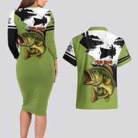 Largemouth Bass Fishing Couples Matching Long Sleeve Bodycon Dress and Hawaiian Shirt Fish On Text and Boat Scene in Green and Black Custom Design - Wonder Print Shop