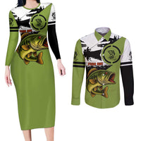 Largemouth Bass Fishing Couples Matching Long Sleeve Bodycon Dress and Long Sleeve Button Shirt Fish On Text and Boat Scene in Green and Black Custom Design - Wonder Print Shop