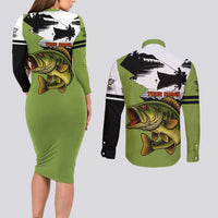 Largemouth Bass Fishing Couples Matching Long Sleeve Bodycon Dress and Long Sleeve Button Shirt Fish On Text and Boat Scene in Green and Black Custom Design - Wonder Print Shop