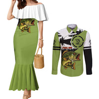 Largemouth Bass Fishing Couples Matching Mermaid Dress and Long Sleeve Button Shirt Fish On Text and Boat Scene in Green and Black Custom Design - Wonder Print Shop