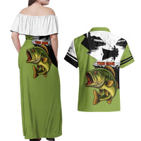 Largemouth Bass Fishing Couples Matching Off Shoulder Maxi Dress and Hawaiian Shirt Fish On Text and Boat Scene in Green and Black Custom Design - Wonder Print Shop