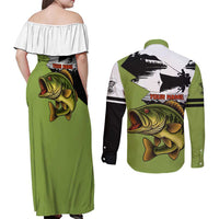 Largemouth Bass Fishing Couples Matching Off Shoulder Maxi Dress and Long Sleeve Button Shirt Fish On Text and Boat Scene in Green and Black Custom Design - Wonder Print Shop