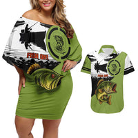 Largemouth Bass Fishing Couples Matching Off Shoulder Short Dress and Hawaiian Shirt Fish On Text and Boat Scene in Green and Black Custom Design - Wonder Print Shop