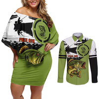 Largemouth Bass Fishing Couples Matching Off Shoulder Short Dress and Long Sleeve Button Shirt Fish On Text and Boat Scene in Green and Black Custom Design - Wonder Print Shop