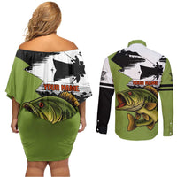Largemouth Bass Fishing Couples Matching Off Shoulder Short Dress and Long Sleeve Button Shirt Fish On Text and Boat Scene in Green and Black Custom Design - Wonder Print Shop