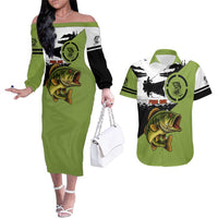 Largemouth Bass Fishing Couples Matching Off The Shoulder Long Sleeve Dress and Hawaiian Shirt Fish On Text and Boat Scene in Green and Black Custom Design - Wonder Print Shop