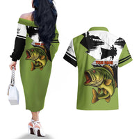 Largemouth Bass Fishing Couples Matching Off The Shoulder Long Sleeve Dress and Hawaiian Shirt Fish On Text and Boat Scene in Green and Black Custom Design - Wonder Print Shop