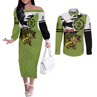 Largemouth Bass Fishing Couples Matching Off The Shoulder Long Sleeve Dress and Long Sleeve Button Shirt Fish On Text and Boat Scene in Green and Black Custom Design - Wonder Print Shop