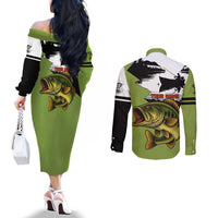 Largemouth Bass Fishing Couples Matching Off The Shoulder Long Sleeve Dress and Long Sleeve Button Shirt Fish On Text and Boat Scene in Green and Black Custom Design - Wonder Print Shop