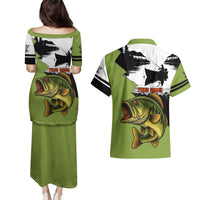 Largemouth Bass Fishing Couples Matching Puletasi and Hawaiian Shirt Fish On Text and Boat Scene in Green and Black Custom Design - Wonder Print Shop