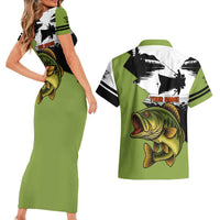 Largemouth Bass Fishing Couples Matching Short Sleeve Bodycon Dress and Hawaiian Shirt Fish On Text and Boat Scene in Green and Black Custom Design - Wonder Print Shop