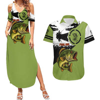 Largemouth Bass Fishing Couples Matching Summer Maxi Dress and Hawaiian Shirt Fish On Text and Boat Scene in Green and Black Custom Design - Wonder Print Shop