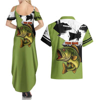 Largemouth Bass Fishing Couples Matching Summer Maxi Dress and Hawaiian Shirt Fish On Text and Boat Scene in Green and Black Custom Design - Wonder Print Shop