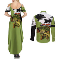 Largemouth Bass Fishing Couples Matching Summer Maxi Dress and Long Sleeve Button Shirt Fish On Text and Boat Scene in Green and Black Custom Design - Wonder Print Shop