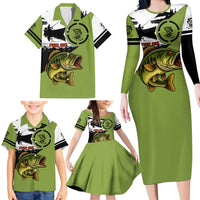 Largemouth Bass Fishing Family Matching Long Sleeve Bodycon Dress and Hawaiian Shirt Fish On Text and Boat Scene in Green and Black Custom Design - Wonder Print Shop