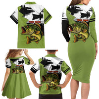 Largemouth Bass Fishing Family Matching Long Sleeve Bodycon Dress and Hawaiian Shirt Fish On Text and Boat Scene in Green and Black Custom Design - Wonder Print Shop