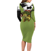 Largemouth Bass Fishing Family Matching Long Sleeve Bodycon Dress and Hawaiian Shirt Fish On Text and Boat Scene in Green and Black Custom Design - Wonder Print Shop