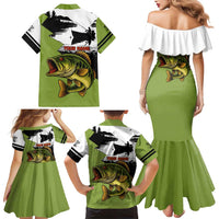 Largemouth Bass Fishing Family Matching Mermaid Dress and Hawaiian Shirt Fish On Text and Boat Scene in Green and Black Custom Design - Wonder Print Shop