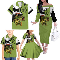 Largemouth Bass Fishing Family Matching Off The Shoulder Long Sleeve Dress and Hawaiian Shirt Fish On Text and Boat Scene in Green and Black Custom Design - Wonder Print Shop