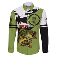 Largemouth Bass Fishing Family Matching Off The Shoulder Long Sleeve Dress and Hawaiian Shirt Fish On Text and Boat Scene in Green and Black Custom Design - Wonder Print Shop