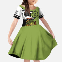 Largemouth Bass Fishing Family Matching Off Shoulder Maxi Dress and Hawaiian Shirt Fish On Text and Boat Scene in Green and Black Custom Design - Wonder Print Shop