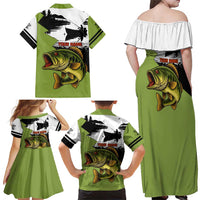 Largemouth Bass Fishing Family Matching Off Shoulder Maxi Dress and Hawaiian Shirt Fish On Text and Boat Scene in Green and Black Custom Design - Wonder Print Shop