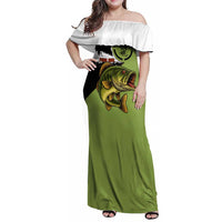 Largemouth Bass Fishing Family Matching Off Shoulder Maxi Dress and Hawaiian Shirt Fish On Text and Boat Scene in Green and Black Custom Design - Wonder Print Shop