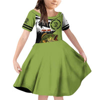 Largemouth Bass Fishing Family Matching Off Shoulder Short Dress and Hawaiian Shirt Fish On Text and Boat Scene in Green and Black Custom Design - Wonder Print Shop