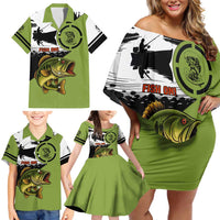 Largemouth Bass Fishing Family Matching Off Shoulder Short Dress and Hawaiian Shirt Fish On Text and Boat Scene in Green and Black Custom Design - Wonder Print Shop