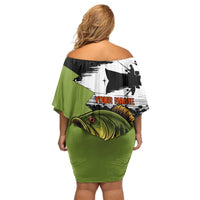 Largemouth Bass Fishing Family Matching Off Shoulder Short Dress and Hawaiian Shirt Fish On Text and Boat Scene in Green and Black Custom Design - Wonder Print Shop