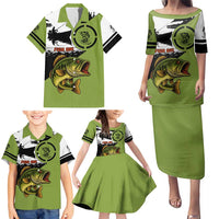 Largemouth Bass Fishing Family Matching Puletasi and Hawaiian Shirt Fish On Text and Boat Scene in Green and Black Custom Design - Wonder Print Shop