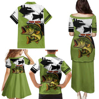 Largemouth Bass Fishing Family Matching Puletasi and Hawaiian Shirt Fish On Text and Boat Scene in Green and Black Custom Design - Wonder Print Shop