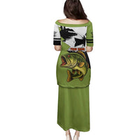 Largemouth Bass Fishing Family Matching Puletasi and Hawaiian Shirt Fish On Text and Boat Scene in Green and Black Custom Design - Wonder Print Shop