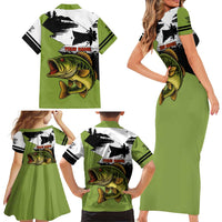 Largemouth Bass Fishing Family Matching Short Sleeve Bodycon Dress and Hawaiian Shirt Fish On Text and Boat Scene in Green and Black Custom Design - Wonder Print Shop