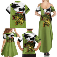Largemouth Bass Fishing Family Matching Summer Maxi Dress and Hawaiian Shirt Fish On Text and Boat Scene in Green and Black Custom Design - Wonder Print Shop