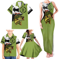 Largemouth Bass Fishing Family Matching Tank Maxi Dress and Hawaiian Shirt Fish On Text and Boat Scene in Green and Black Custom Design - Wonder Print Shop