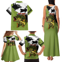 Largemouth Bass Fishing Family Matching Tank Maxi Dress and Hawaiian Shirt Fish On Text and Boat Scene in Green and Black Custom Design - Wonder Print Shop