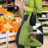Largemouth Bass Fishing Grocery Bag Fish On Text and Boat Scene in Green and Black Custom Design - Wonder Print Shop