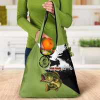 Largemouth Bass Fishing Grocery Bag Fish On Text and Boat Scene in Green and Black Custom Design - Wonder Print Shop